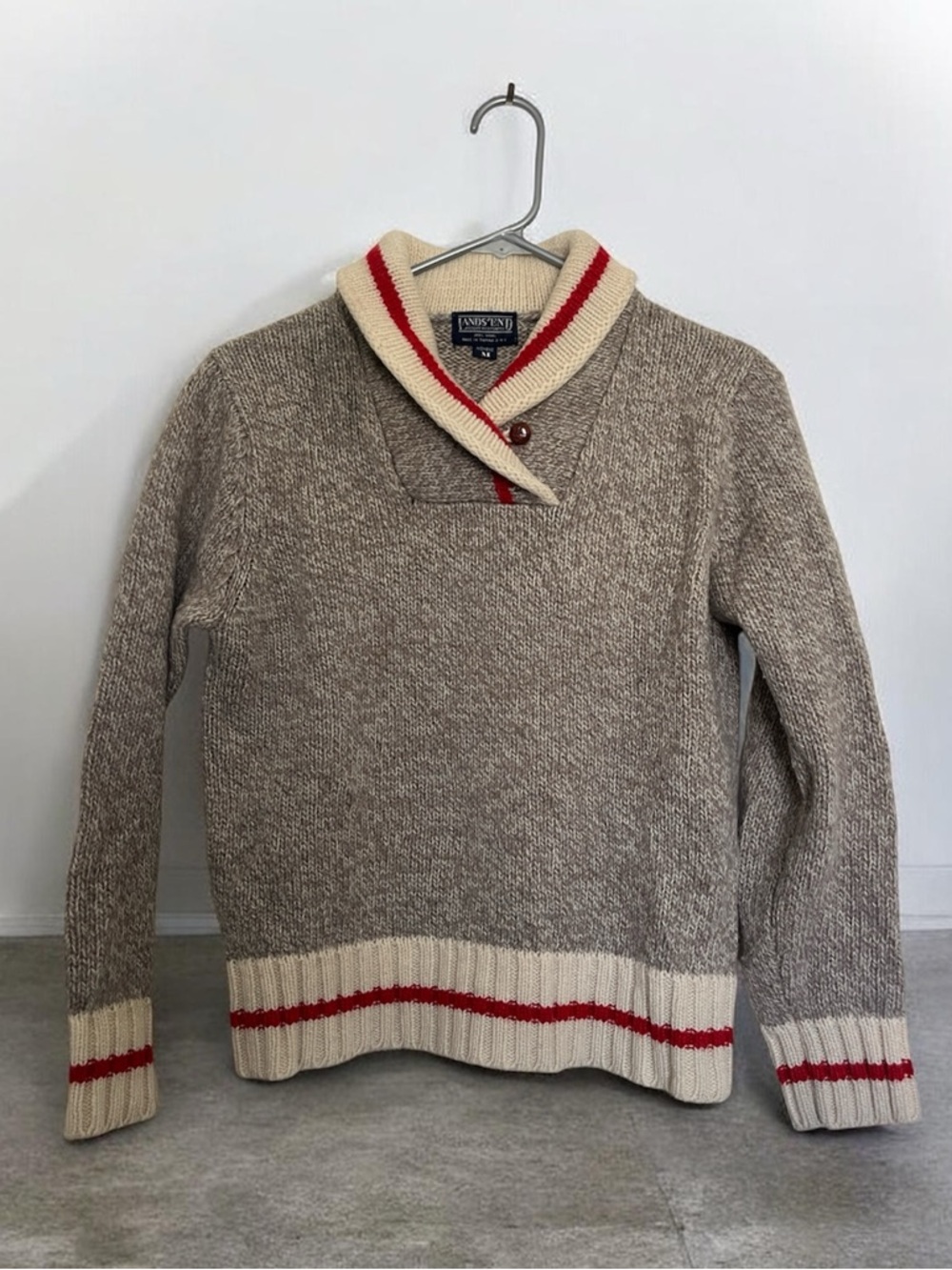 Lands' End Women’s Taupe Shawl Collar Sweater with Cream and Red Trim Size M